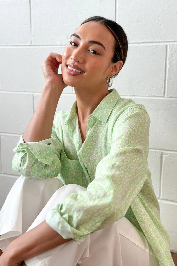 HUT Boyfriend Linen Shirt - Green Ditsy